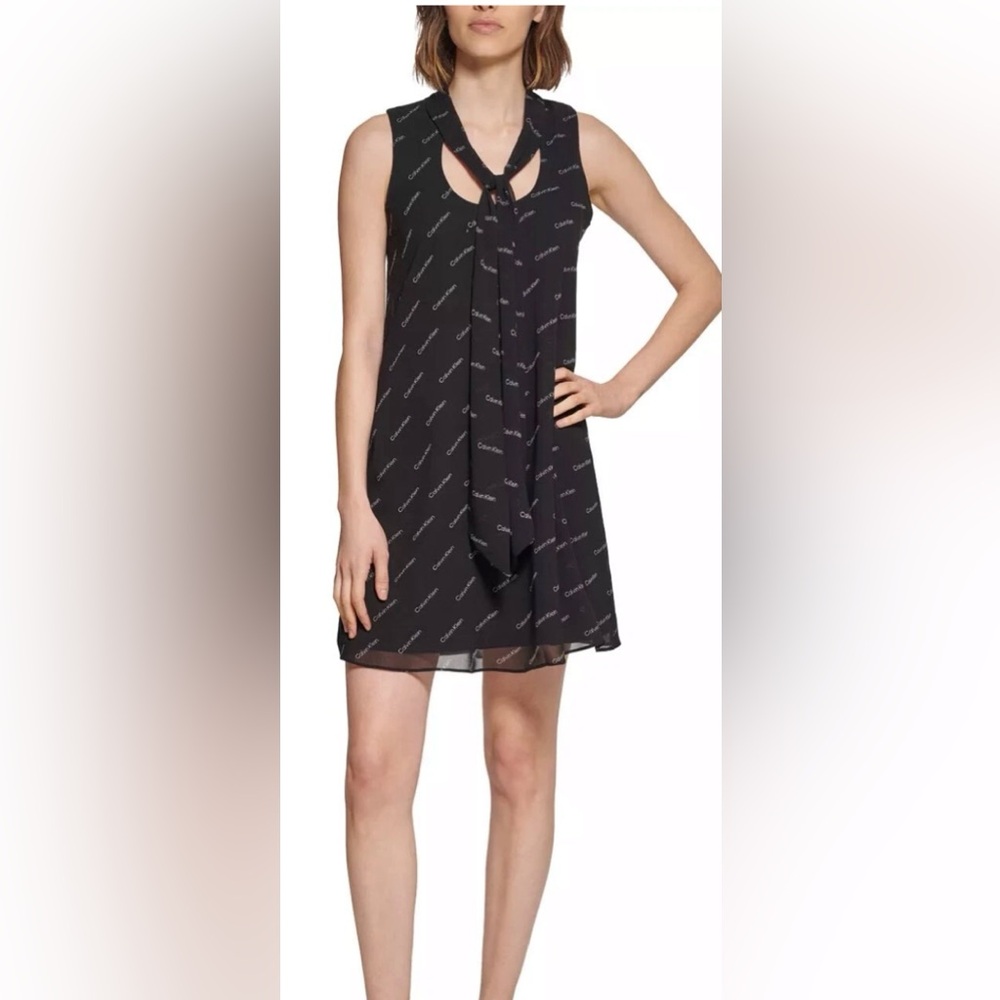 CALVIN KLEIN Women’s Logo Print Sleeveless Tie Neck Dress Size 6 Black White